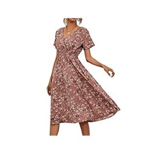 Bubblekiss Women Summer Boho Dress Floral Print Wrap Short Sleeve Midi Flowy